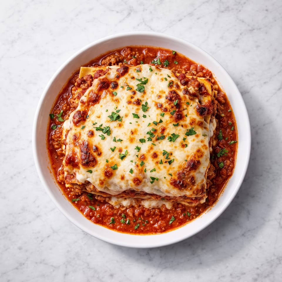Hearty lasagna with bubbly melted cheese and savory meat sauce, garnished with parsley, in a white bowl.