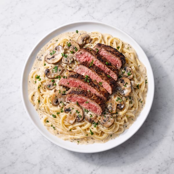 Creamy spaghetti with sliced steak, mushrooms, and parsley on a white plate.