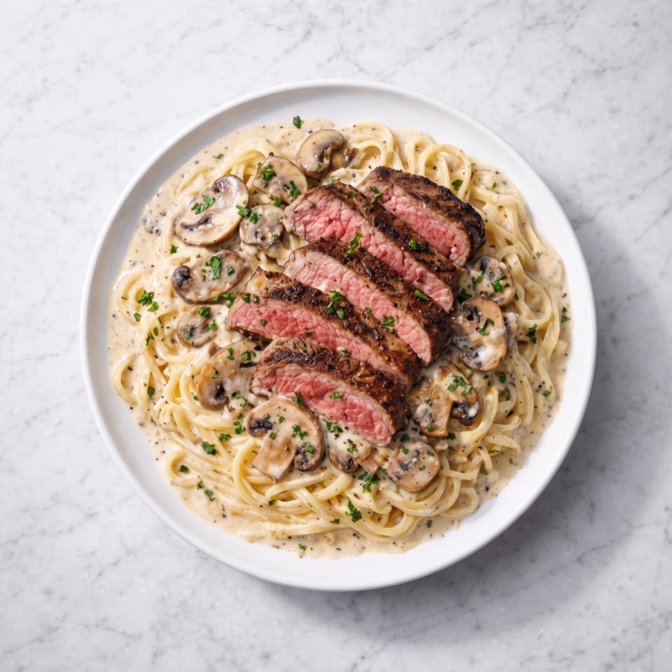 Creamy spaghetti with sliced steak, mushrooms, and parsley on a white plate.