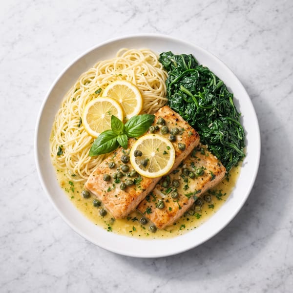Two salmon fillets with capers, lemon, and basil, served with spaghetti and spinach in a lemon butter sauce.