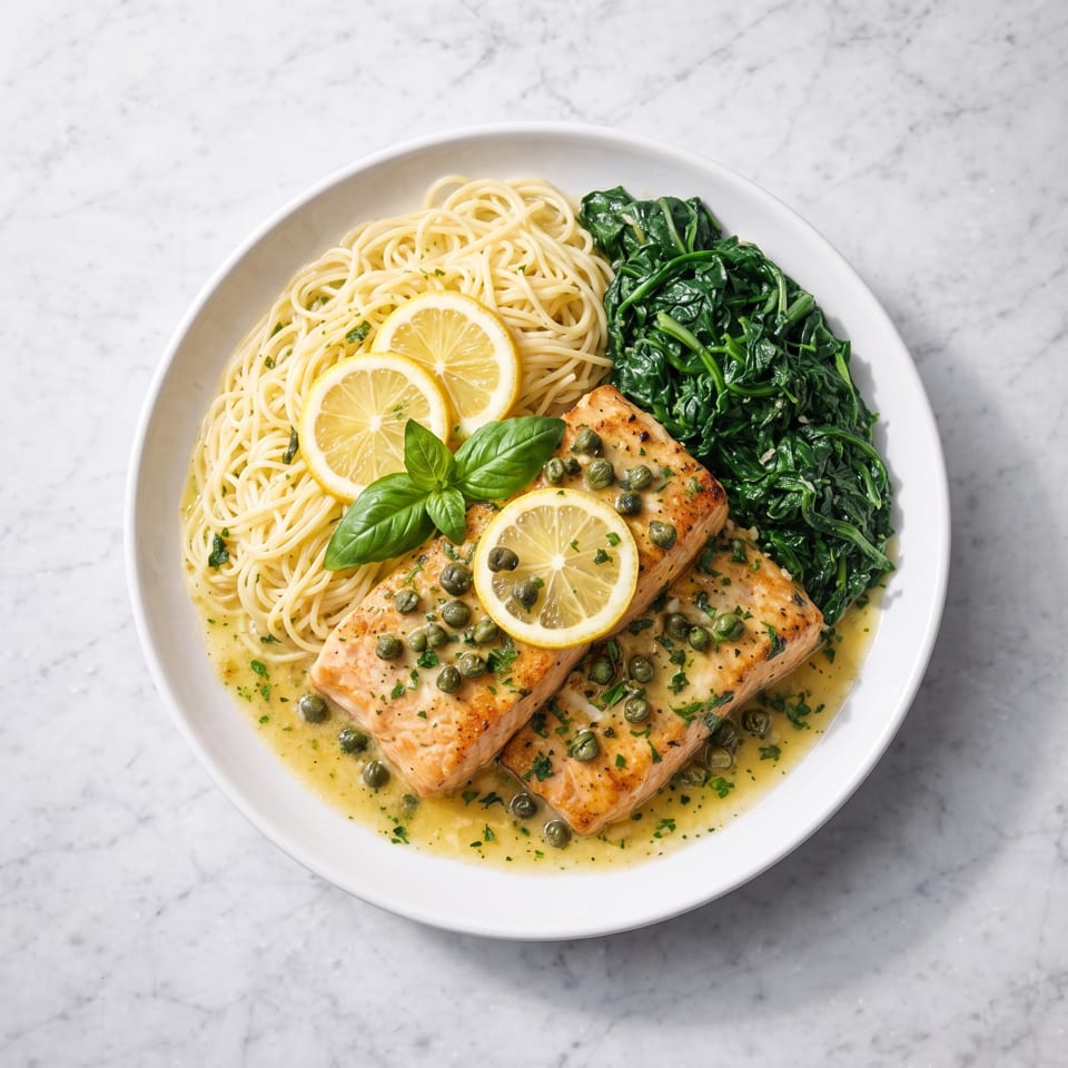 Two salmon fillets with capers, lemon, and basil, served with spaghetti and spinach in a lemon butter sauce.