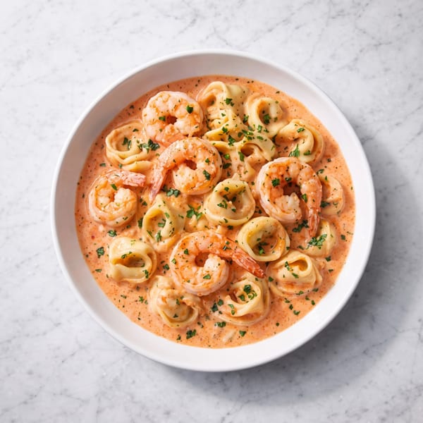 Tortellini and shrimp pasta in a creamy tomato sauce, garnished with fresh parsley.