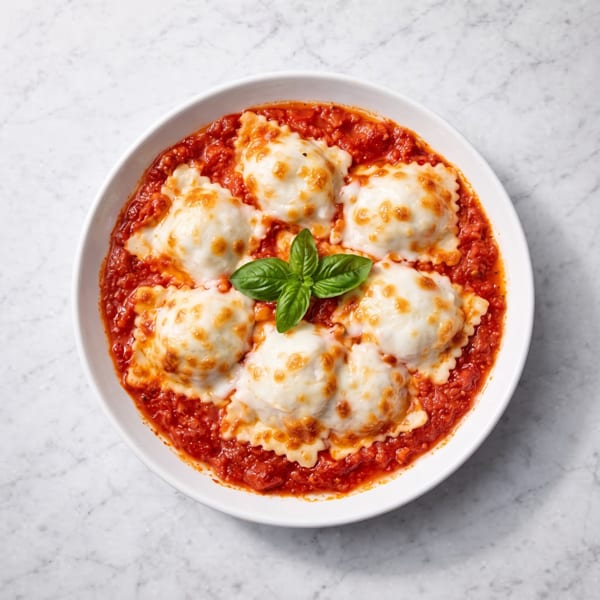 A white bowl of cheesy ravioli in rich tomato sauce, garnished with fresh basil.