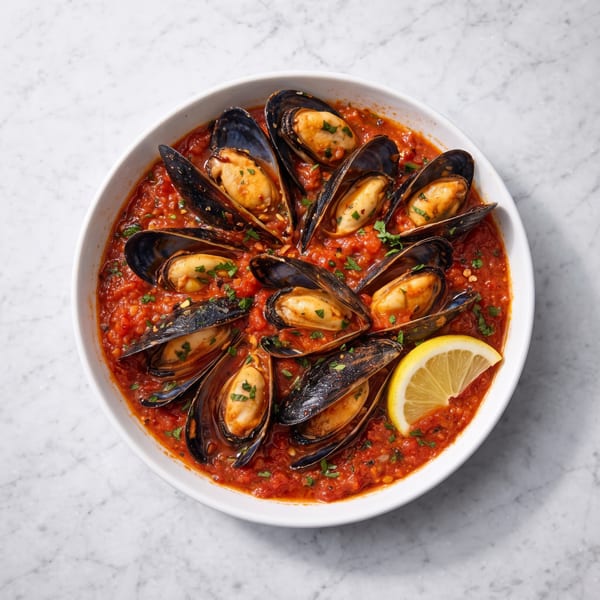 Steamed mussels in a vibrant red tomato sauce, garnished with parsley and a lemon wedge.