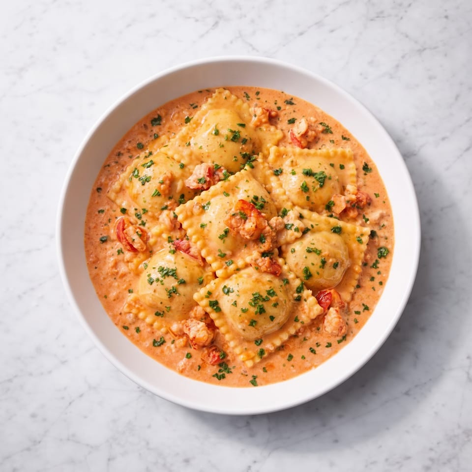 Lobster ravioli in a creamy rose sauce, garnished with fresh parsley, served in a white bowl.