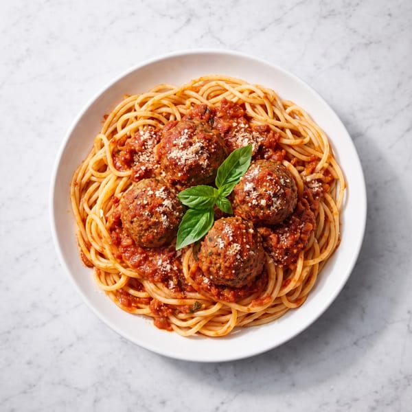 Spaghetti and meatballs with tomato sauce, grated cheese, and fresh basil in a white bowl.