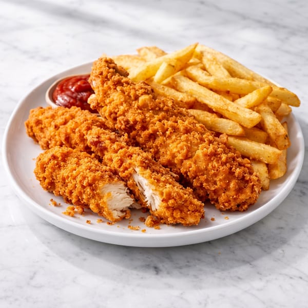 Crispy chicken tenders, one broken open, with golden fries and ketchup on a white plate.