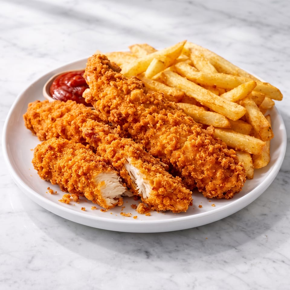 Crispy chicken tenders, one broken open, with golden fries and ketchup on a white plate.