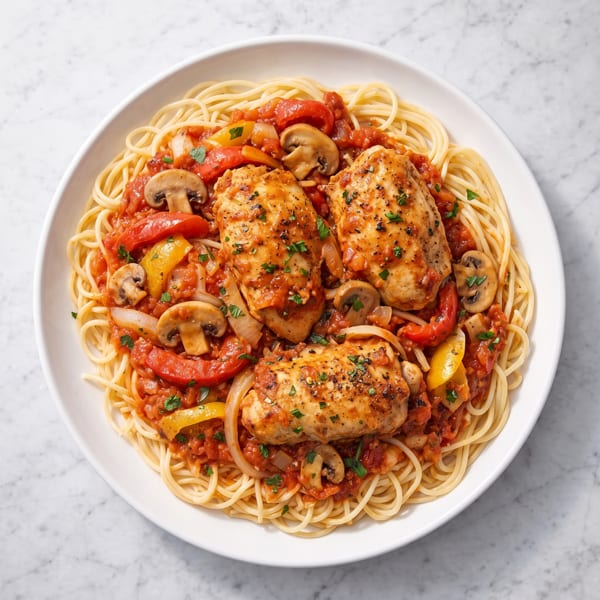 Delicious chicken cacciatore with spaghetti, mushrooms, bell peppers, and onions in a rich tomato sauce.