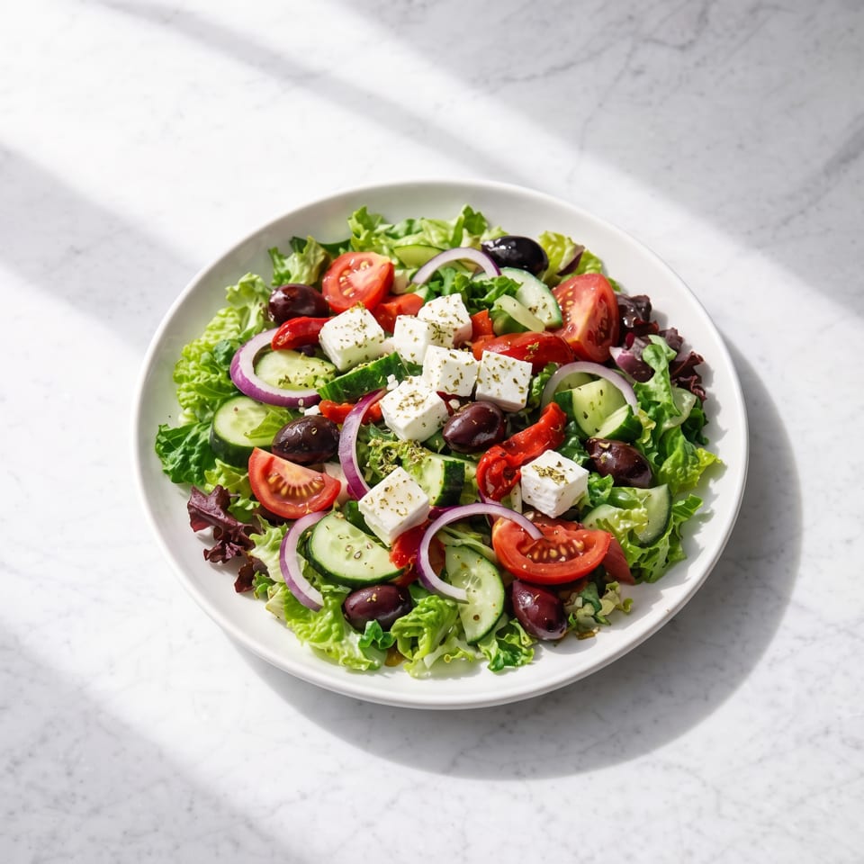 Greek salad with feta cheese, olives, tomatoes, cucumbers, and red onions on a white plate.