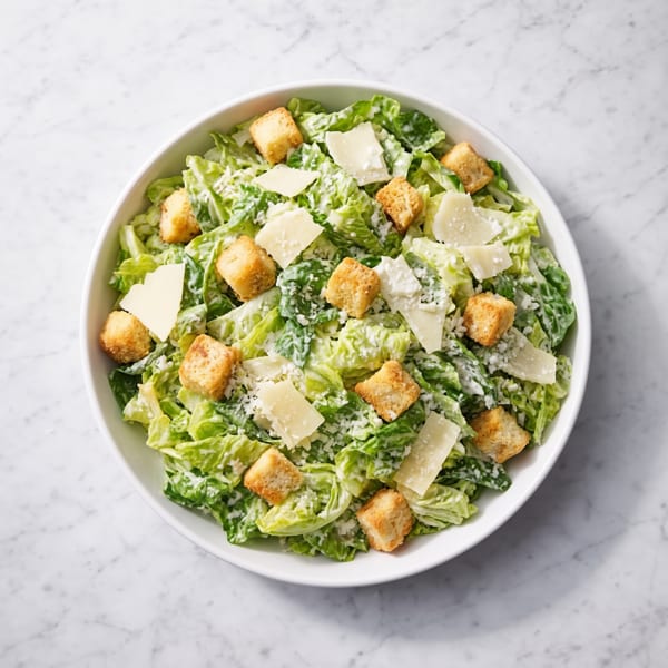 Caesar salad with romaine lettuce, creamy dressing, croutons, and Parmesan cheese in a white bowl.
