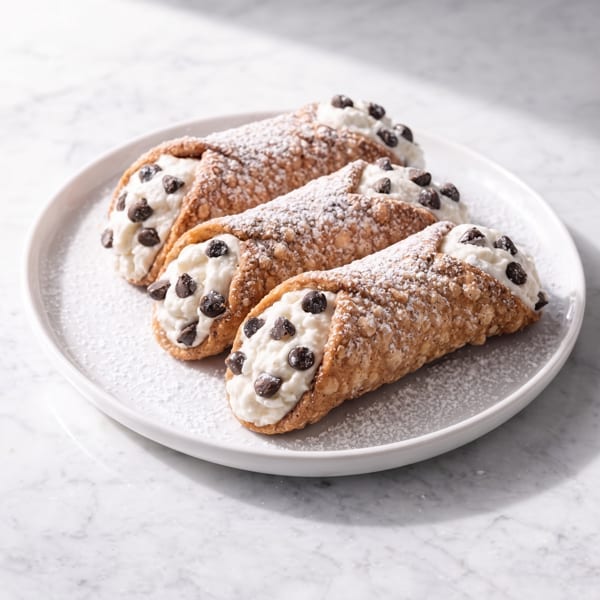 Three chocolate chip cannoli with powdered sugar on a white plate, on a marble surface.