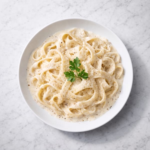 Creamy fettuccine pasta in a white bowl, garnished with fresh parsley and black pepper on marble.