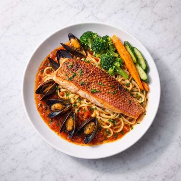 Seared fish, mussels, linguine in tomato sauce, with broccoli, carrots, and zucchini.