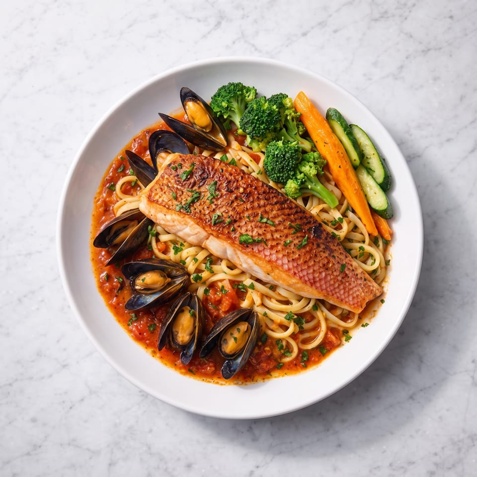 Seared fish, mussels, linguine in tomato sauce, with broccoli, carrots, and zucchini.
